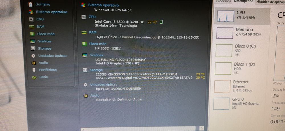 Pç HP 600G2-6ªG|i5.6500-3.2Ghz|16G|SSD256G+HDD500G|Wifi+BT|W11