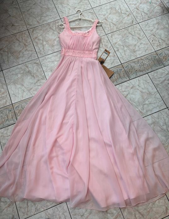 Długa sukienka pudrowy róż XS / małe 36 / wesele NOWA