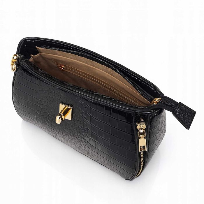 Torebka Damska Kuferek Na Ramię Do Ręki Czarna Lakierowana Skóra Eko