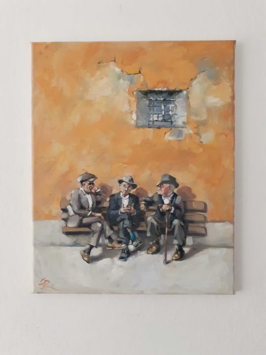 Grażyna Rodziewicz "Rozmowa na ławce" Obraz olejny na płótnie. 40 X 50 cm