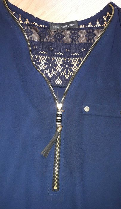 Granatowa Elegancka Bluzka ze Złotym Zamkiem, Koronka na Plecach L