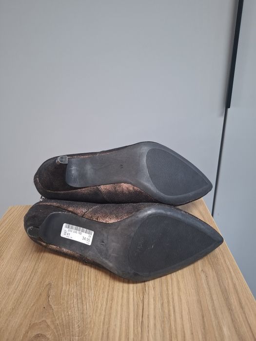 Brązowe botki na szpilce połyskujące brokatowe na imprezę rozmiar 41