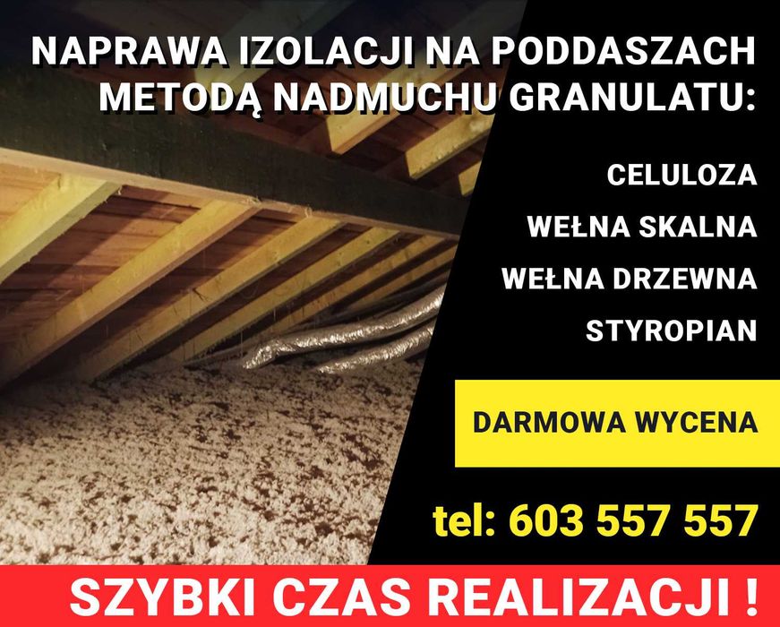 Ocieplenie celulozą, Naprawa dachu po kunie, Wdmuchiwanie wełny