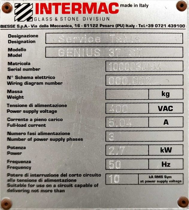 Stół do szkła Intermac Genius 37 ST, 2019 rok  breaking, service table