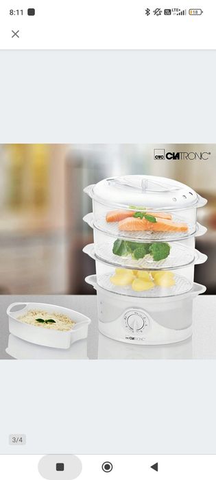 Parowar elektryczny 800W timer 3 poziomy + naczynie na ryż Clatronc DG