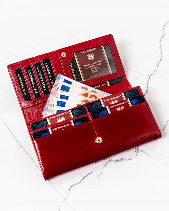 PETERSON portfel damski skórzany elegancki lakierowany P216 czerwony