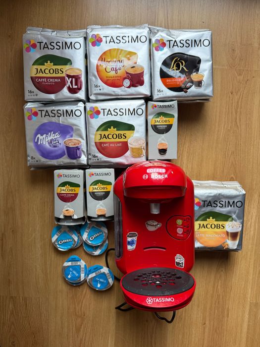 XXL Ekspres + Kawa Bosch Tassimo kapsułki duży zestaw AGD kawa Jacobs Milka Oreo czerwony