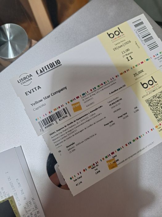 Bilhetes Evita 19 junho