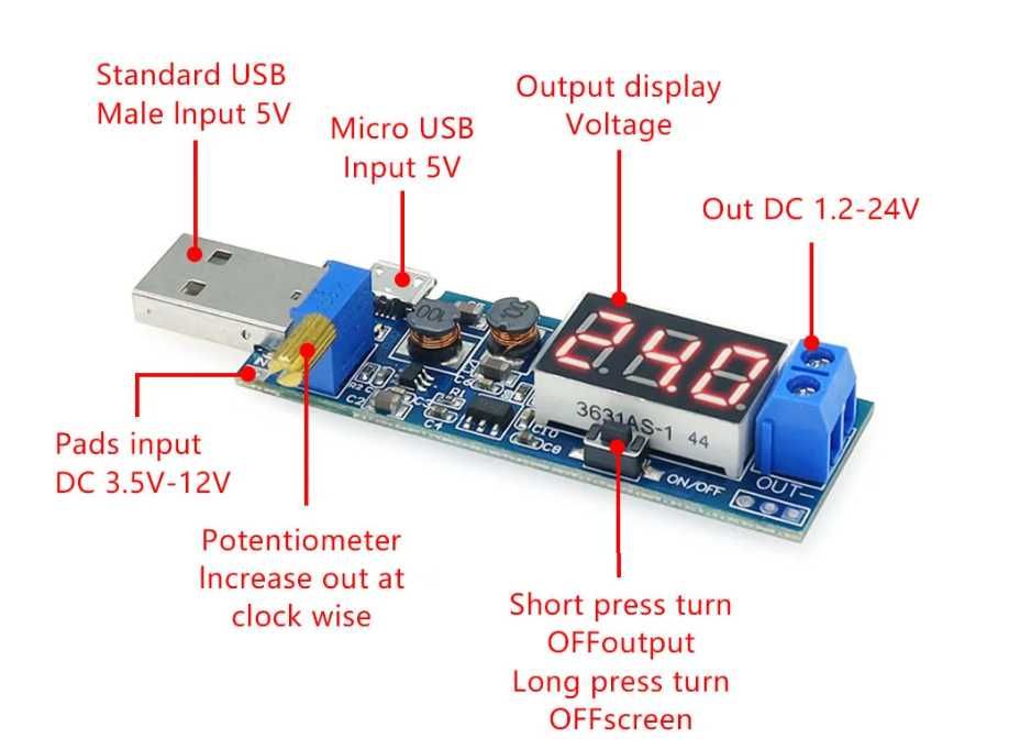 USB підвищуючий/зменшуючий модуль живлення DC-DC 5 В до 3,5 В/12 В