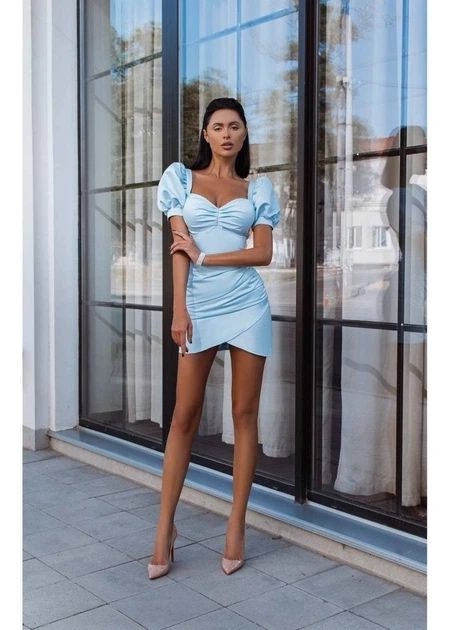 блакитна сукня ASOS DESIGN з відкритими плечима, об'ємними рукавами-ліхтариками 34 р.