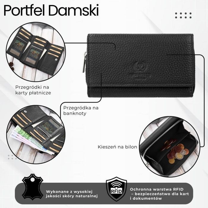 Portfel damski duży czarny ze skóry naturalnej pojemny Paolo