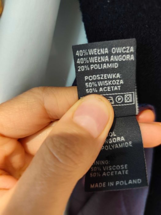 JASS elegancki płaszcz damski granatowy futro lisa wełna angora 48