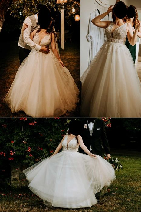 Suknia ślubna boho glamour, biała/beż/brzoskwinia +welon