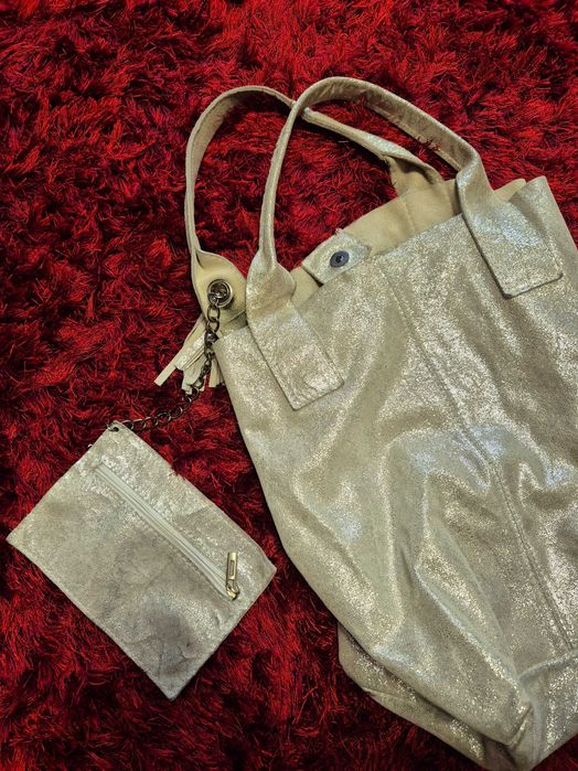 Torba skórzana torebka srebrna typu worek