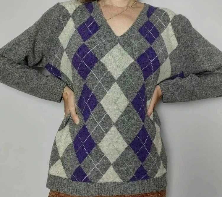 Sweter szary wełniany w romby montego woolmark 44 XXL zimowy wool