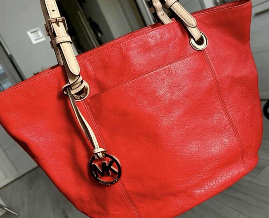 Piękna duża torba Michael Kors ognista czerwień z beżem - skóra nat.