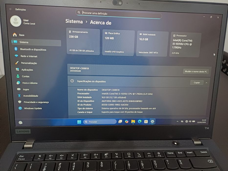 Lenovo ThinkPad T14 Gen 1 | Core i5 vPro | 16GB RAM | Como Novo