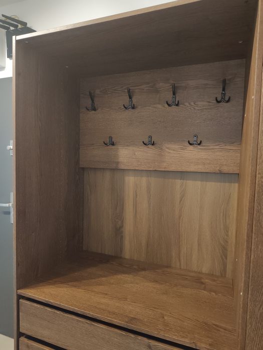 Zestaw mebli / szaf IKEA PAX 201 cm do przedpokoju – 3 moduły, akcesoria, lustro (czarnobrąz)