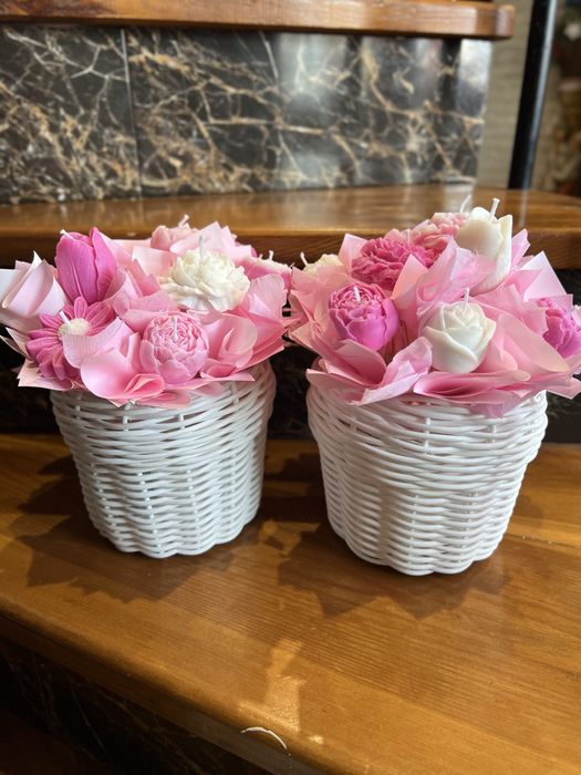 Букет з свічок, кашпо з ротангу, подарунок