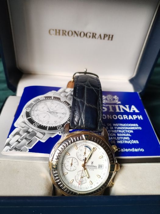 Relógio Festina original chronograph, pulseira couro azul