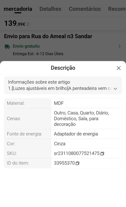 Penteadeira com espelho e 10 luzes LED,