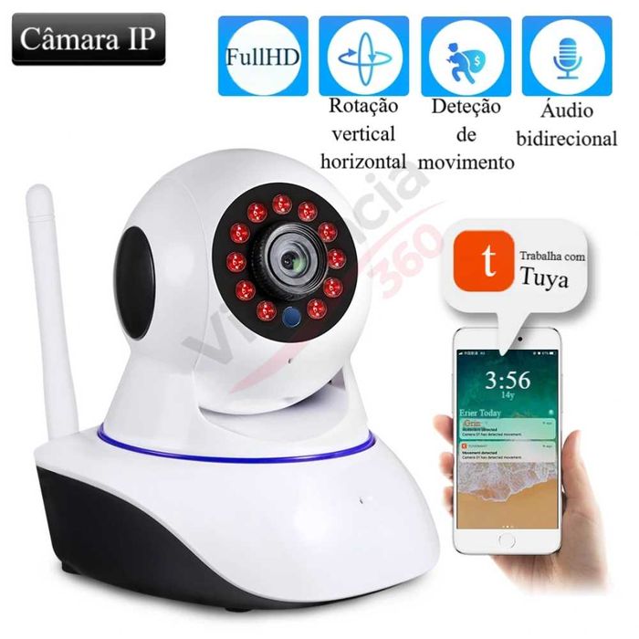 Câmera Vigilância WiFi Full HD 1080p, Visão Noturna, Rotação 360°, App
