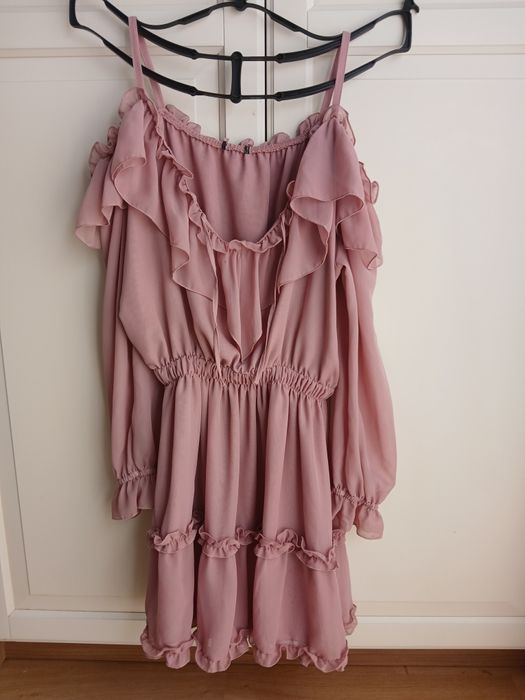 Sukienka XS mini pudrowy róż  zjawiskowa.