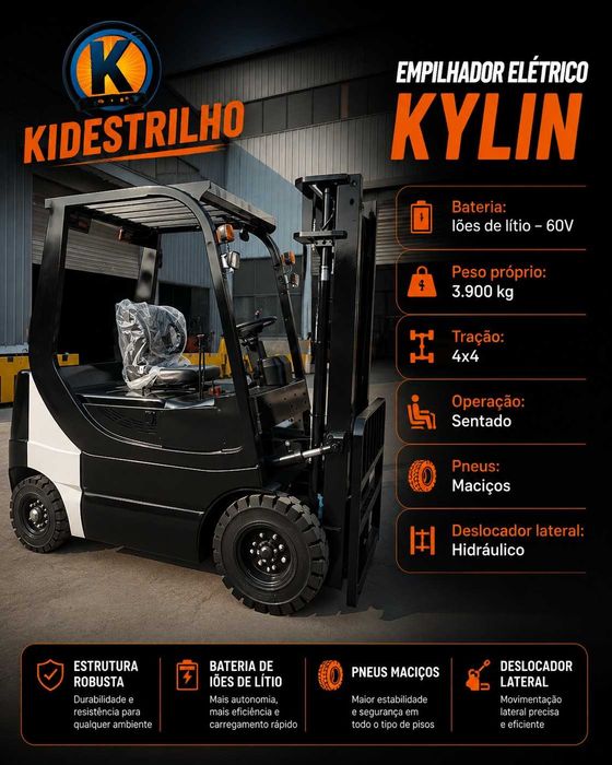 Empilhadora 4x4 Nova KYLIN | Bateria de Lítio | Deslocador Lateral | 60V