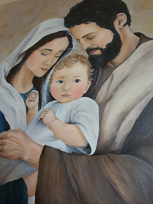 Duży ręcznie malowany obraz Świętej Rodziny, 80x100 cm, obraz na płótnie, prezent na ślub