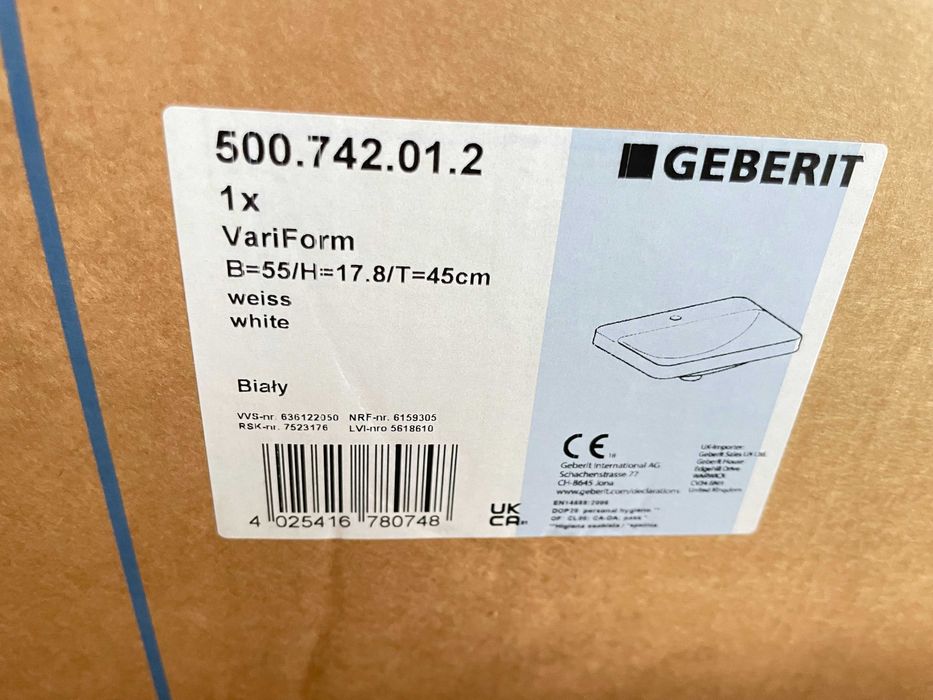 NOWA umywalka Geberit Variform 55x45 cm wpuszczana prostokątna