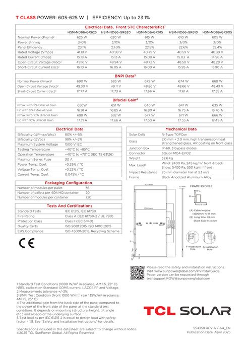 Painel fotovoltaico TCL Solar 615W N-Type TOPCon Glass-Glass