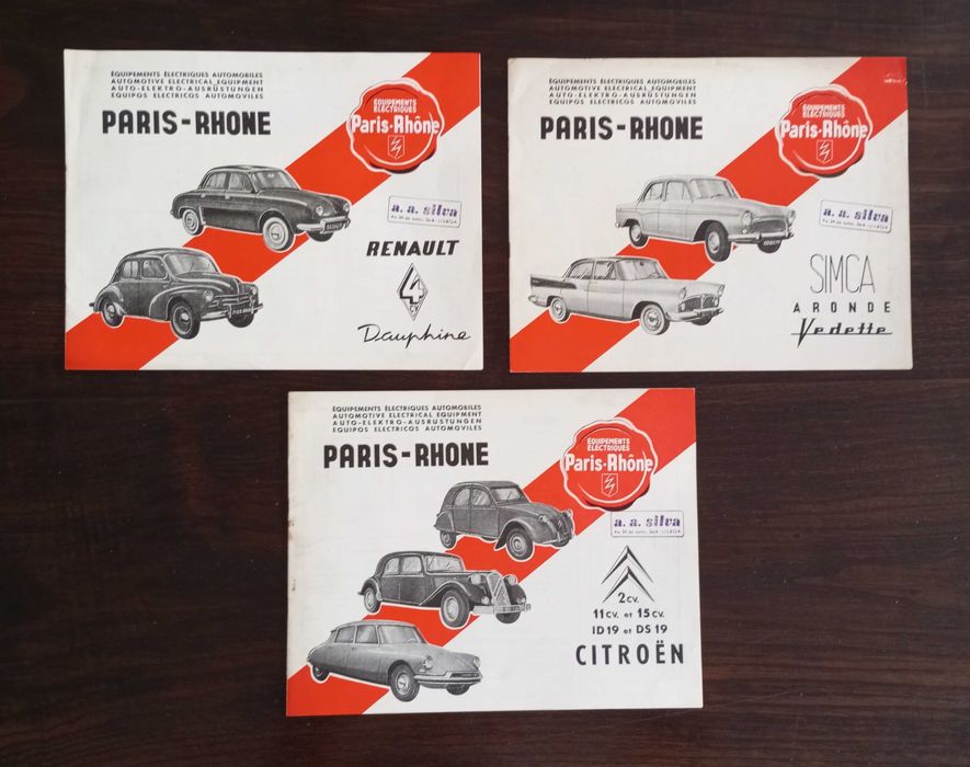 Antigas brochuras comerciais de equipamentos eléctricos Paris-Rhone para Citroën Simca Renault