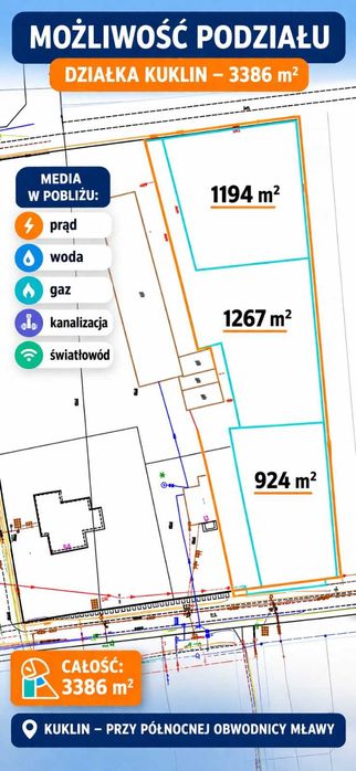 Działka Kuklin przy obwodnicy Mławy | media | 3386 m² | podział