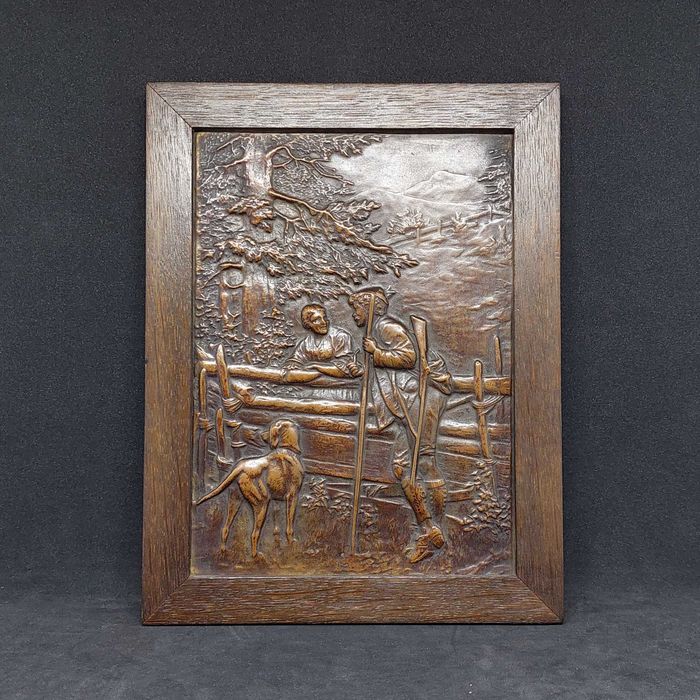 АНТИКВАРИАТ медная чеканка ОХОТА картина ГЕРМАНИЯ охотник собака медь