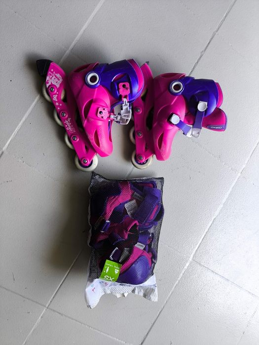 Patins em linha cor Rosa com proteções para joelhos, cotovelos e mãos