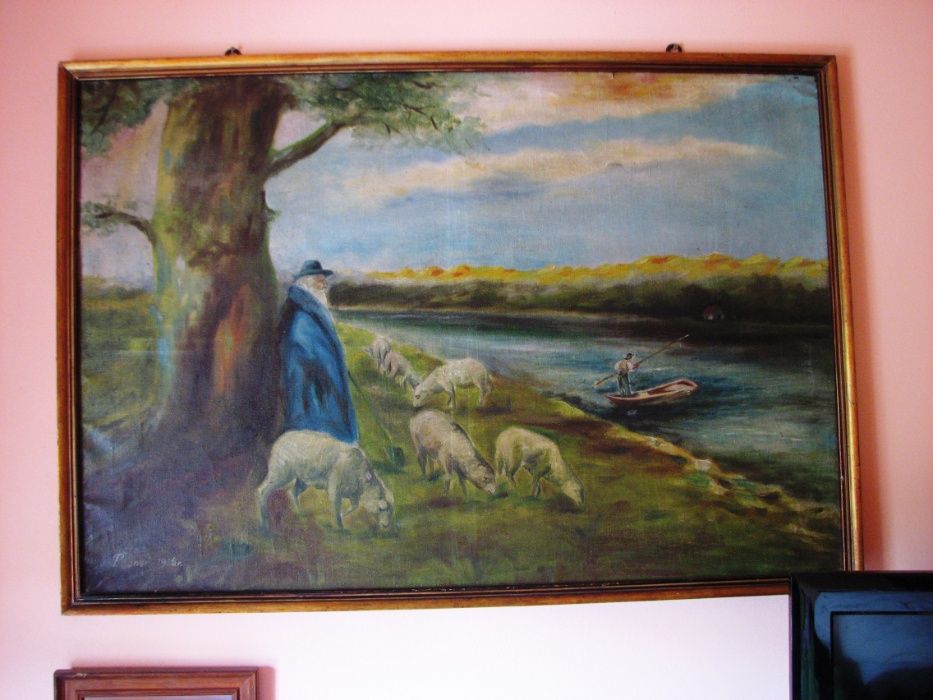 Obraz olejny przedwojenny duży, sygnowany, Broner 1936, antyk