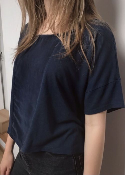 Szeroki crop top granatowy navy z wstawką H&M XS S oversize