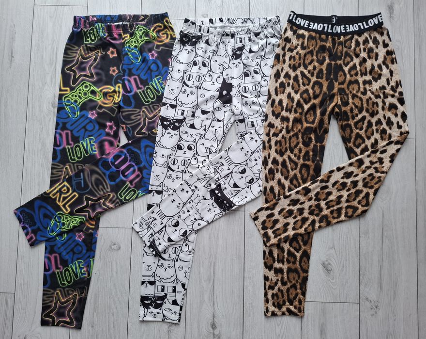 3x leginsy, getry kotki, panterka, neonowe grafitti, 146-152cm