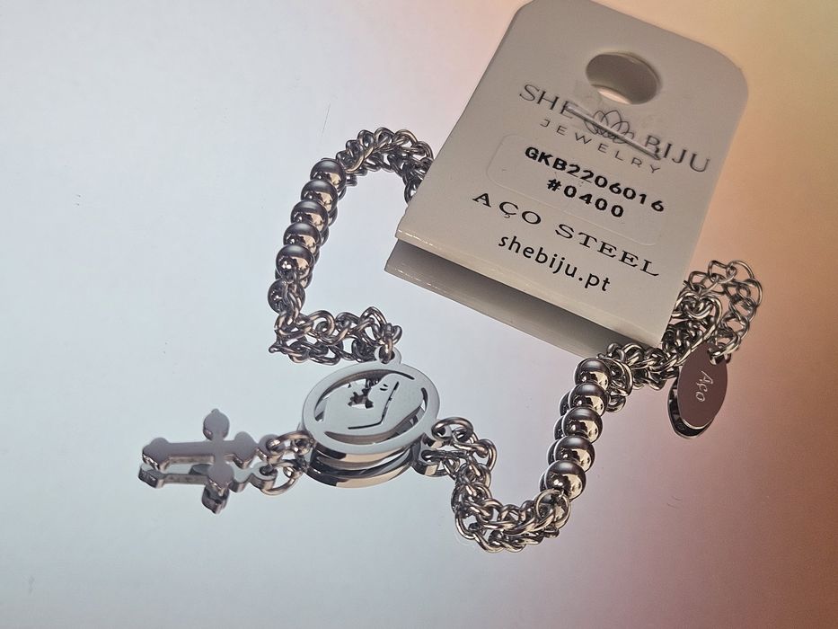 Conjunto em aço prateado colar e pulseira Nossa Senhora de Fátima