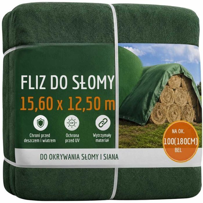 Fliz do słomy, fliz na siano i fliz do bel o wymiarach 15,6 x 12,5 m i gramaturze 145 g/m² tym rozmiarem przykryjesz 100 bel o średnicy 180 cm