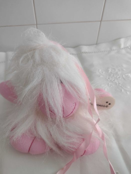 Peluche "SOY TU AMIGO". Branco e rosa