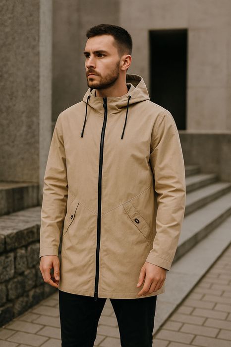 Męska wiatrówka beżowa z kapturem zamek lekka 2XL