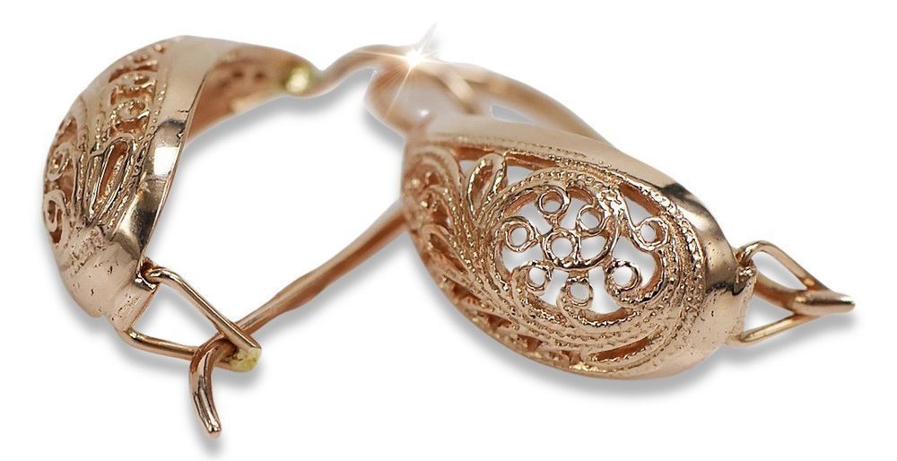 Rosyjskie różowe złoto kolczyki listki 14k 585 ZSRR Vintage ven023