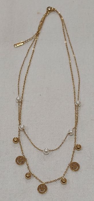 Colar Duplo Pérola e Emoji Smile, Aço