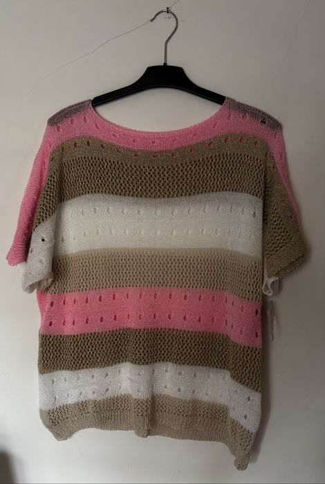 Blusa Malha Listrada Bege e Rosa