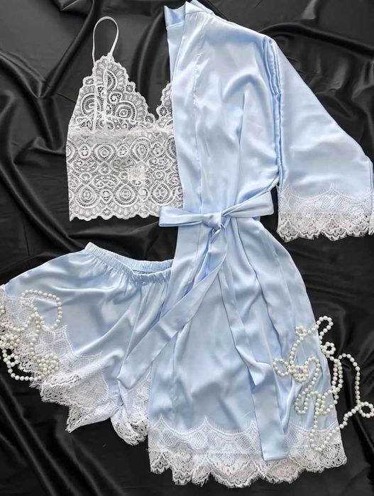 Шовковий халат для дому та мереживний топ з шортиками 42/44/46/48/50