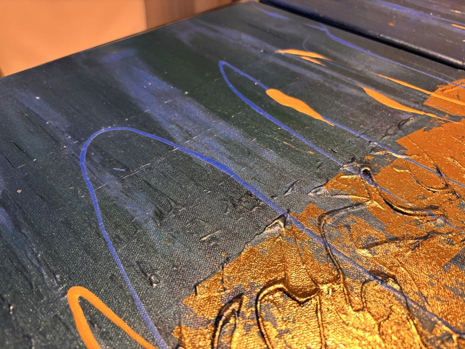 Duży dyptyk w abstrakcyjnym stylu 2X 50x70cm granatowo zielono złoty