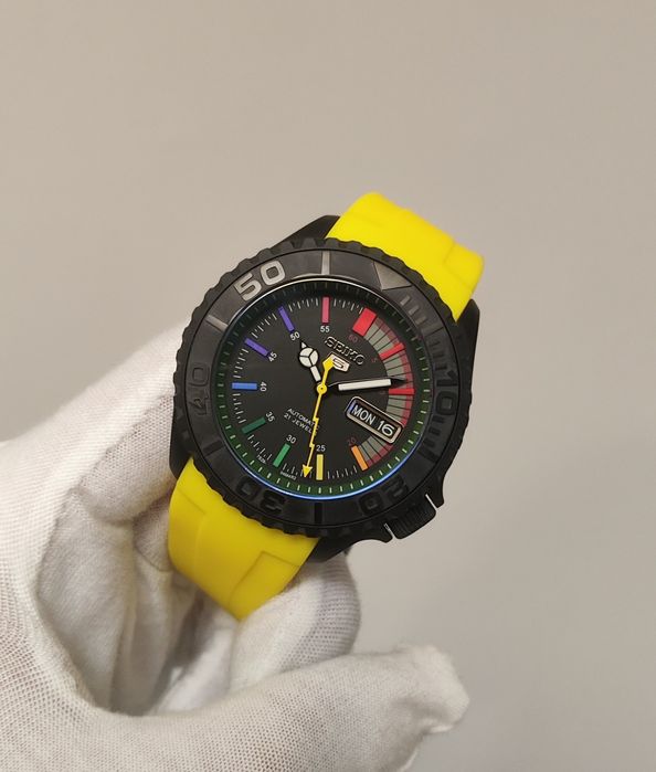 Seiko MOD Diver Czarny BLACK Żółty Yellow Kolorowy CUSTOM Nowy Personalizowany Zegarek Męski Men's Watch Pasek Gumowy