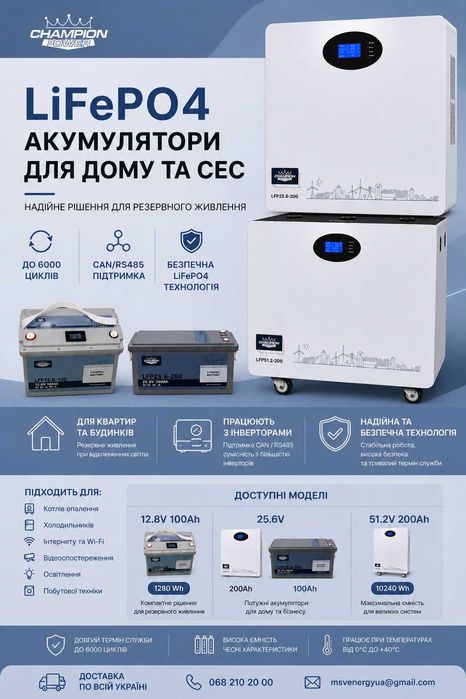 LiFePO4 48-24-12V, 100-200Ah ChampionPower склад у м.Львів