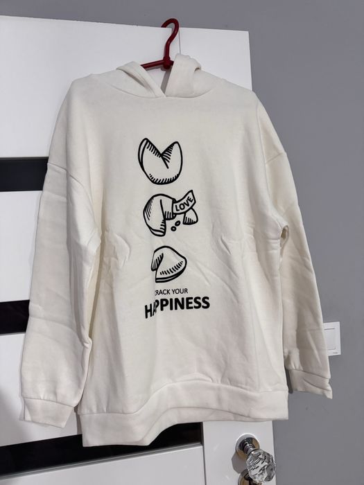 Nowa biała bluza z kapturem „Happiness” – rozmiar S